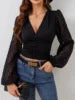 Elegante schwarze Damenbluse mit tiefem V-Ausschnitt & Laternenärmeln